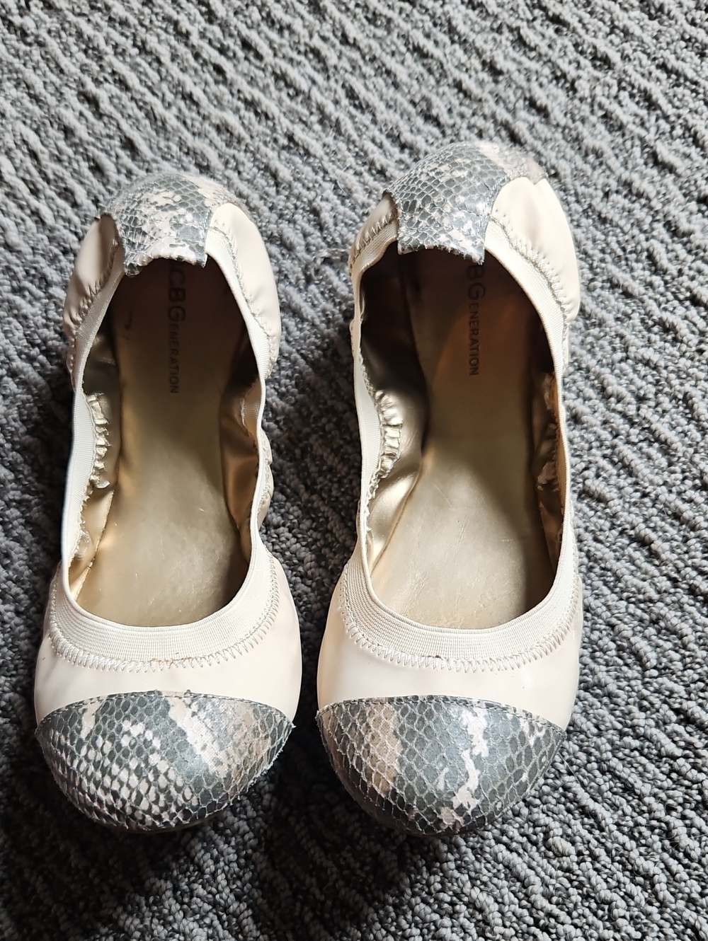 BCBGeneration Cream Ballet Flats with Gray Snakeskin Toe